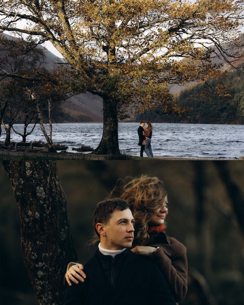 Dima & Kate — pine path portrait, Glendalough, Co. Wicklow