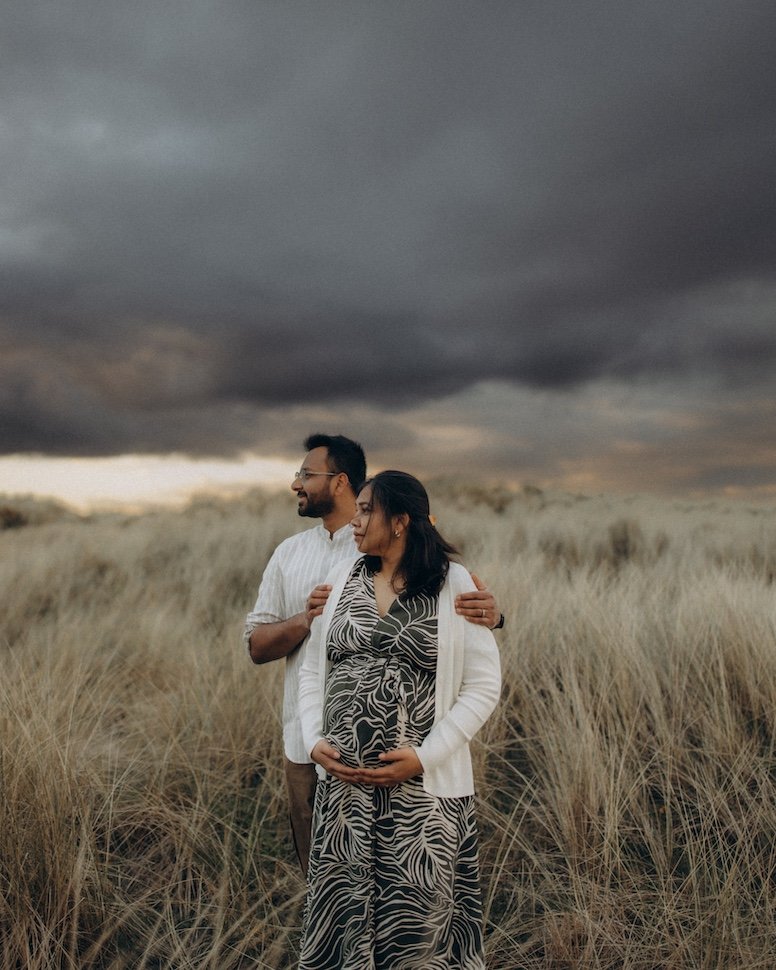 Priyanka at Bull Island — expecting, with Dublin Bay in the background